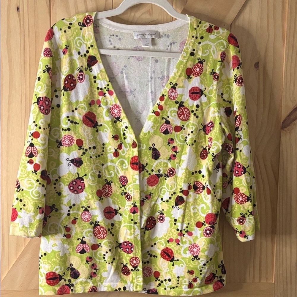 EUC Christopher & Banks Ladybug Print V-Neck Cardigan